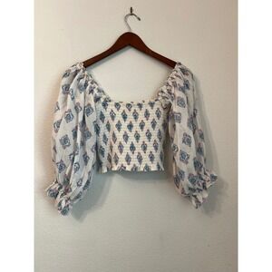 Billabong Smocked‎ Crop Top Women's Floral Print Square Neck Balloon Sleeve S